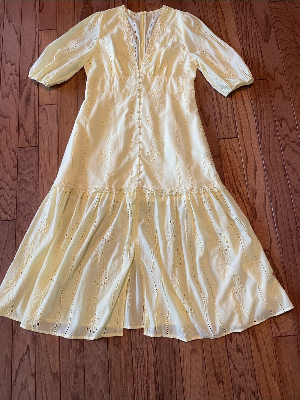 ANEWSTA Soft Yellow Eyelet Lace Maxi Dress Women Size 12